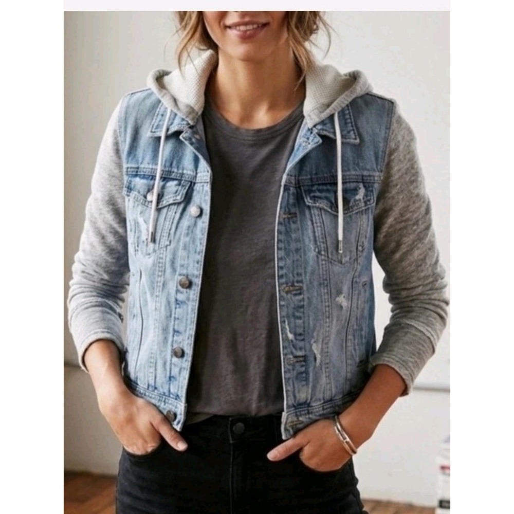 Free people womens sz S denim layered hoodie button distressed jacket Grunge